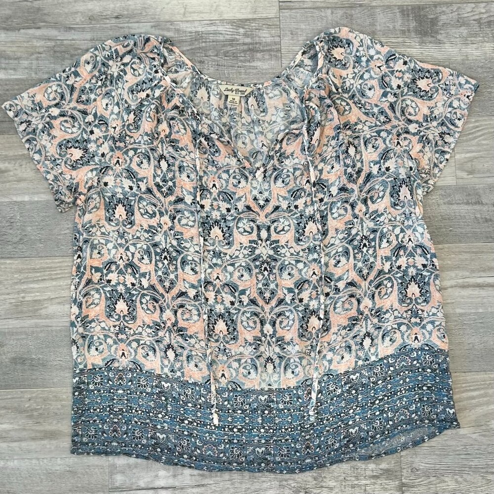 Lucky Brand Blue Pink Paisley V-Neck Flutter Sleeve Top Size Medium S39